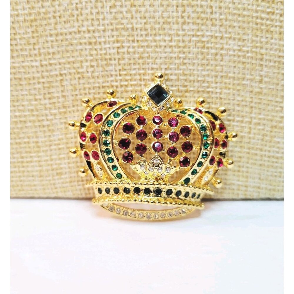 VTG KJL Kenneth J. Lane Signed Rhinestone Royal Crown Brooch Pin